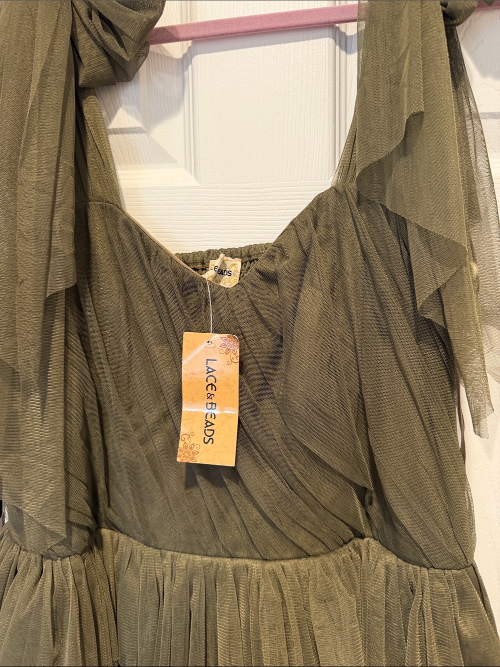 NWT ASOS Curve x Lace and Beads Olive Green Tiered Tulle Maxi Dress - Picture 6 of 8